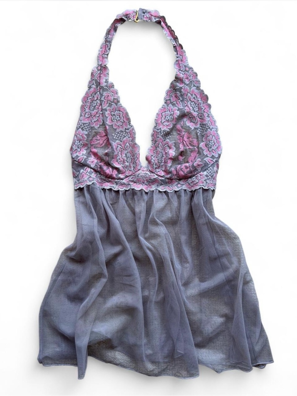 Victoria's Secret Y2K Gray Pink Lace Mesh Halter Slip Dress LCoquette Lingerie